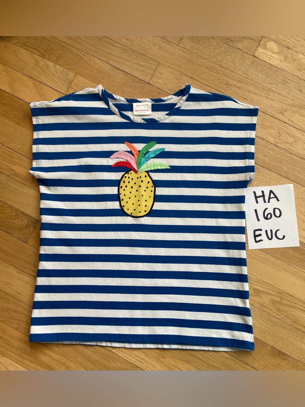 Hanna Andersson 160(14-16)Blue Stripe Pineapple Appliqué Tee - Blue & White